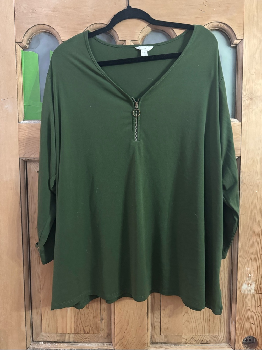 Avenue Olive Green Zip-Front V-Neck Top